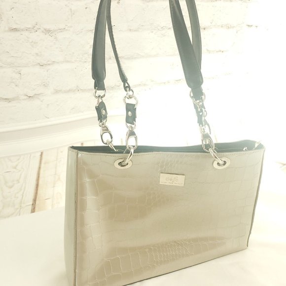 Beijo Womens Taupe Crocodile Textured PU Leather Double Handles Shoulder Bag - Picture 1 of 15